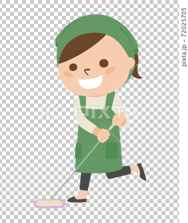 A smiling woman in an apron. Illustration of a woman cleaning the floor with a mop. A smiling woman in an apron. Illustration of a woman cleaning the floor with a mop. 72025705