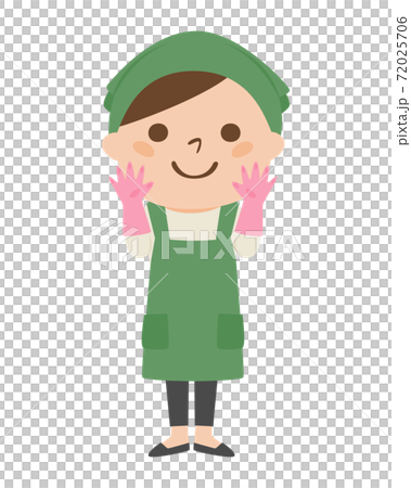 A smiling woman in an apron. Illustration of a woman wearing cleaning gloves. A smiling woman in an apron. Illustration of a woman wearing cleaning gloves. 72025706