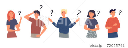 Concept of inquiry, frequently asked questions, looking for assistance, help, thinking. Female and male characters surrounded question marks. Men and woman in trouble. Flat vector illustration Concept of inquiry, frequently asked questions, looking for assistance, help, thinking. Female and male characters surrounded question marks. Men and woman in trouble. Flat vector illustration 72025741