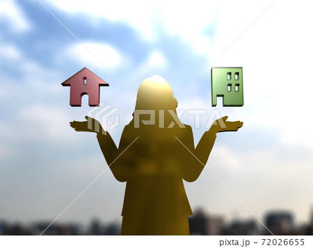戸建てかマンションかで悩む両手を広げた女性のシルエット　3DCGイラスト 72026655