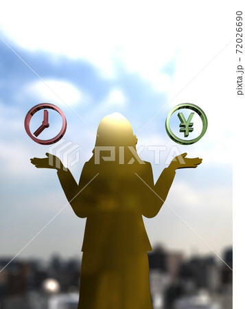 時間かお金かで悩む両手を広げた女性のシルエット 3DCGイラスト 時間かお金かで悩む両手を広げた女性のシルエット 3DCGイラスト 72026690