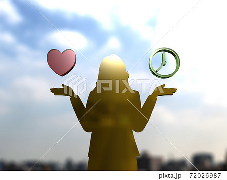 恋愛か自分の時間かで悩む両手を広げた女性のシルエット 3DCGイラスト 恋愛か自分の時間かで悩む両手を広げた女性のシルエット 3DCGイラスト 72026987