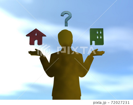 戸建てかマンションかで悩む両手を広げた男性のシルエット　3DCGイラスト 72027231