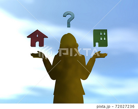 戸建てかマンションかで悩む両手を広げた女性のシルエット 3DCGイラスト 戸建てかマンションかで悩む両手を広げた女性のシルエット 3DCGイラスト 72027236