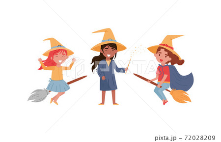 Little Girl Witch in Conical Hat Sitting on Broomstick and Holding Magical Wand Vector Set 72028209