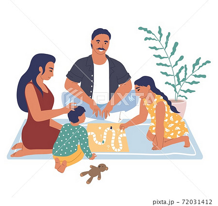 Happy family playing board game sitting on the rug, flat vector illustration. Home leisure activities and entertainment. Happy family playing board game sitting on the rug, flat vector illustration. Home leisure activities and entertainment. 72031412