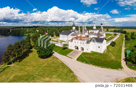 Aerial Panaramic view to Ferapontov Belozersky male monastery of XV century. Complex of temples Located on the shore of the Borodaevsky Lake. Russian Orthodox Church. Kirillov. Vologda Region. Russia Aerial Panaramic view to Ferapontov Belozersky male monastery of XV century. Complex of temples Located on the shore of the Borodaevsky Lake. Russian Orthodox Church. Kirillov. Vologda Region. Russia 72031466