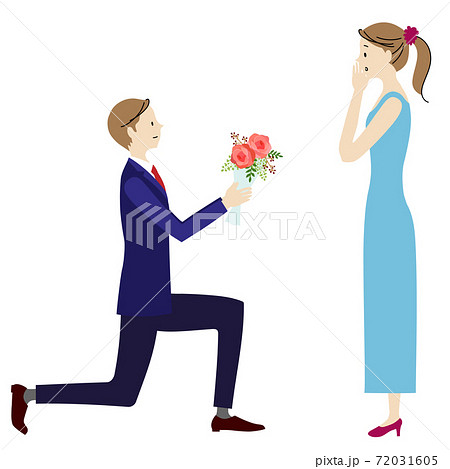 花束 をもってプロポーズする男性とそれに驚く女性のイラストのイラスト素材