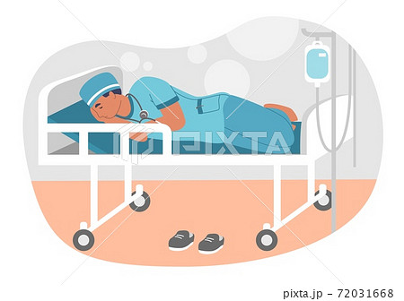 Tired doctor or intern sleeping on gurney, flat vector illustration. Work burnout. Physical and emotional exhaustion. 72031668