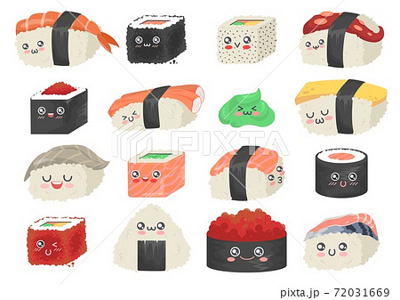 Sushi, sashimi and rolls, cute and funny cartoon character set, flat vector isolated illustration. Sushi, sashimi and rolls, cute and funny cartoon character set, flat vector isolated illustration. 72031669