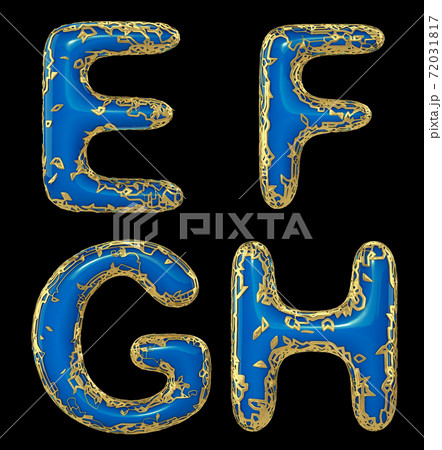 Realistic 3D letters set E, F, G, H made of gold shining metal letters. 72031817
