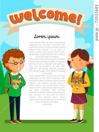 Vector Schoolboy and schoolgirl with welcome text template. Welcomre to school banner. Happy Boy and girl with backpacks holding bouquets of flowers for their teacher. Elementary school students. Flat Vector Schoolboy and schoolgirl with welcome text template. Welcomre to school banner. Happy Boy and girl with backpacks holding bouquets of flowers for their teacher. Elementary school students. Flat 72032683