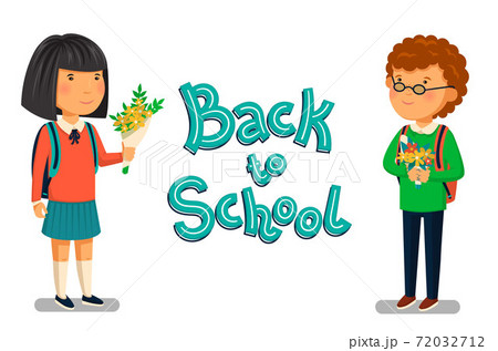 Vector Schoolboy and schoolgirl with Back to school text template. Happy Boy and girl with backpacks holding bouquets of flowers for their teacher. Elementary school students. Flat cartoon 72032712