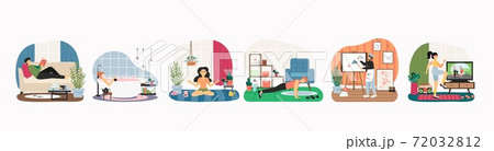 Stay home in quarantine scene set, flat vector illustration. Leisure, home activities. Self isolation. Stay home in quarantine scene set, flat vector illustration. Leisure, home activities. Self isolation. 72032812