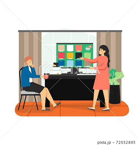 Man choosing wall paint color for home decoration, apartment renovation, flat vector illustration. Home improvement. 72032895