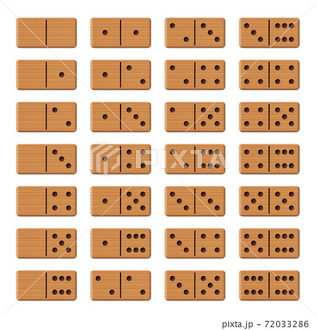 Dominoes - complete game set, collection of 28 arranged wooden textured tiles. Isolated vector illustration on white background. 72033286
