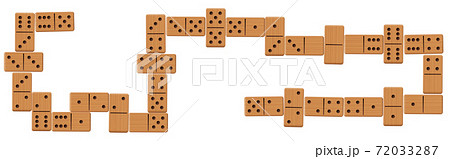 Domino line after play, complete finished game set with all 28 wooden pieces or bones. Isolated vector illustration on white background. 72033287