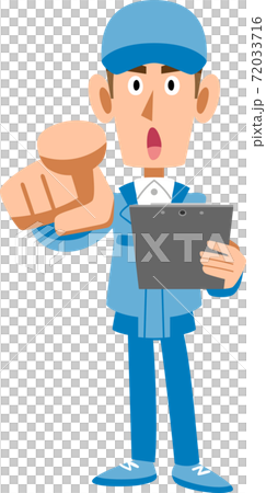 指差し確認する青い作業着の男性のイラスト素材