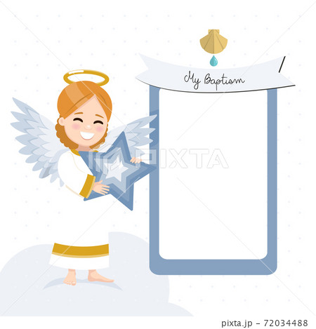 Angel with a blue star. Baptism invitation with message and white background. Vector illustration 72034488