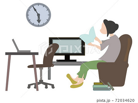 在宅ワークで疲れたため 早めに仕事を切り上げてソファーでくつろぎながら本を読む女性のイラストのイラスト素材 7346