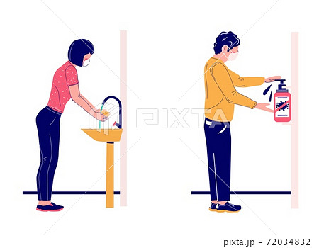 People washing hands with soap and hand sanitizer, flat vector illustration. Coronavirus disinfection, personal hygiene. People washing hands with soap and hand sanitizer, flat vector illustration. Coronavirus disinfection, personal hygiene. 72034832