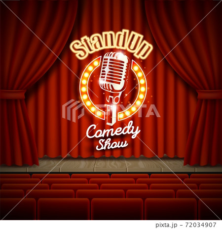 Comedy show theater scene with red curtains vector realistic illustration 72034907