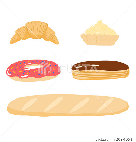 Set bakery products on white background. Cartoon baguette, doughnut, eclair, muffin, croissant in style doodle. 72034951