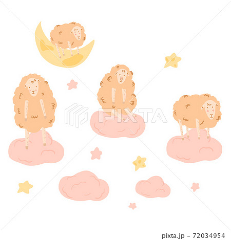 Composition from lambs and crescent with cloud on white background. Cartoon counting sheep on sky doodle. Composition from lambs and crescent with cloud on white background. Cartoon counting sheep on sky doodle. 72034954