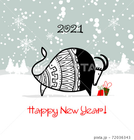 Happy new year 2021. Bull, ox, cow. Winter forest Background. Template for your design - poster, card, invitation 72036343