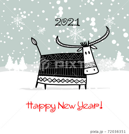 Happy new year 2021. Bull, ox, cow. Winter forest Background. Template for your design - poster, card, invitation 72036351