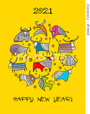 Happy new year card 2021. Funny Bulls family. Template for your design 72036352