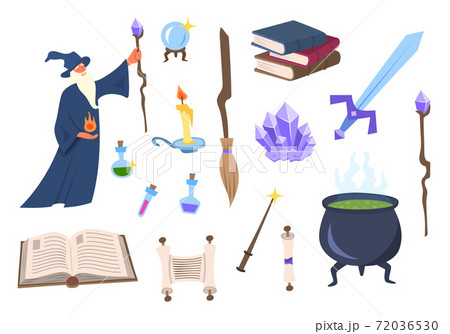 Cartoon Color Magician and Tools Wizard Icons Set. Vector Cartoon Color Magician and Tools Wizard Icons Set. Vector 72036530