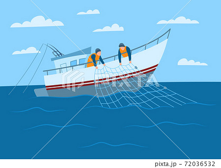 Cartoon Color Characters Person Male Fisherman on Sea Concept. Vector 72036532