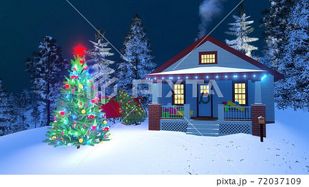 Cozy house decorated for Xmas at winter night 3D 72037109