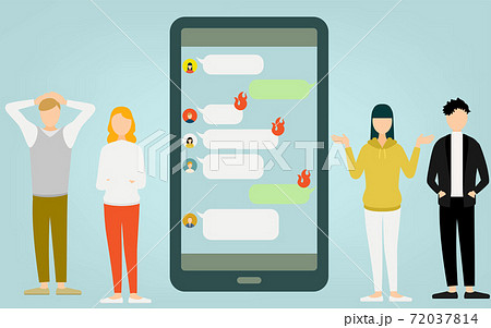 SNSで炎上が起きて困っている人たちのイメージイラスト 72037814