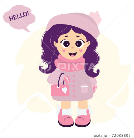 A cute girl in winter clothes - a hat, a scarf, a coat and boots with a small handbag on her hand. Next to the cloud with the text - Hello. Vector illustration. Childrens collection 72038805