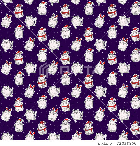 Seamless patterns. White cute cats in a hat with antlers, in a Santa hat, in a scarf on blue background with white snowflakes. Vector illustration. Festive Christmas and New Year design and decor Seamless patterns. White cute cats in a hat with antlers, in a Santa hat, in a scarf on blue background with white snowflakes. Vector illustration. Festive Christmas and New Year design and decor 72038806