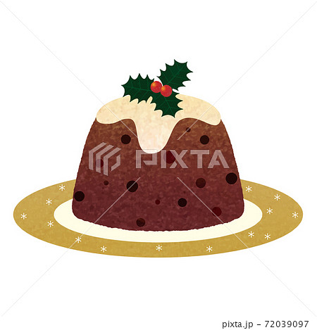 クリスマスプディング_雪の結晶模様_金縁の皿_手描き_色鉛筆タッチイラスト クリスマスプディング_雪の結晶模様_金縁の皿_手描き_色鉛筆タッチイラスト 72039097