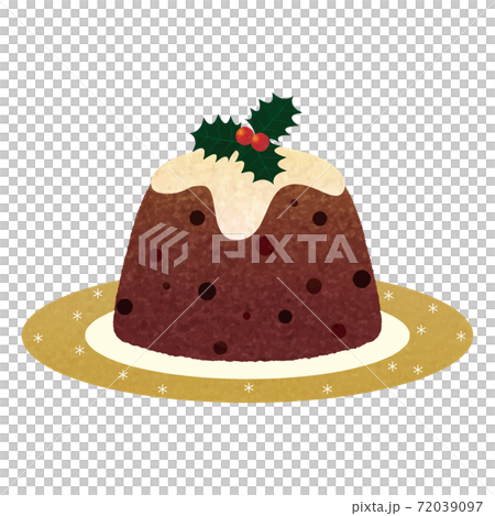 クリスマスプディング_雪の結晶模様_金縁の皿_手描き_色鉛筆タッチイラスト クリスマスプディング_雪の結晶模様_金縁の皿_手描き_色鉛筆タッチイラスト 72039097