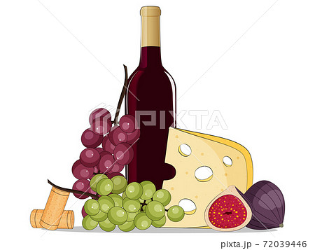 Bottle of red wine, cheese, grapes and figs. 72039446