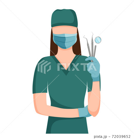 Dentist woman in mask and gloves holds instruments Dentist woman in mask and gloves holds instruments 72039652