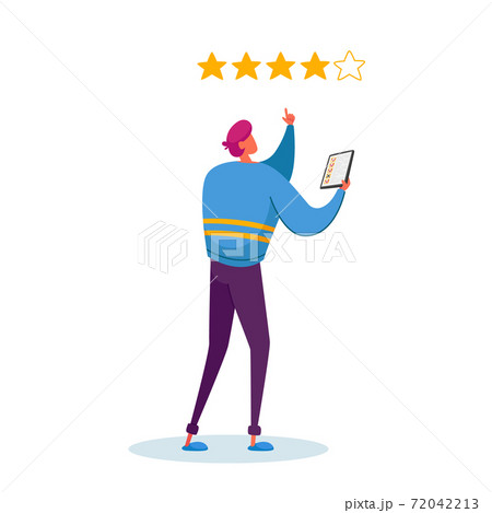Male Character with Smartphone in Hands Put Gold Rating Stars in App. Customer Leaving Feedback, Ranking Evaluation Male Character with Smartphone in Hands Put Gold Rating Stars in App. Customer Leaving Feedback, Ranking Evaluation 72042213