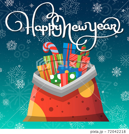 New Year russian greeting card with cartoon Father Frost bag New Year russian greeting card with cartoon Father Frost bag 72042218