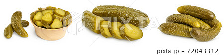 Marinated pickled cucumber isolated on white background with full depth of field. Set or collection Marinated pickled cucumber isolated on white background with full depth of field. Set or collection 72043312