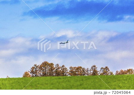 紅葉したカラマツ林と飛行機 北海道美瑛町の写真素材