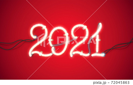 Glowing neon sign 2021 with wires, tubes and brackets. Vector element for New Year card, logo, calendar or other design. Glowing neon sign 2021 with wires, tubes and brackets. Vector element for New Year card, logo, calendar or other design. 72045863