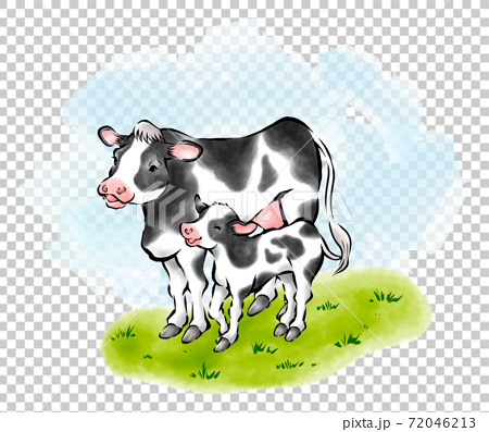 牛の親子と青空の墨絵イラスト のイラスト素材