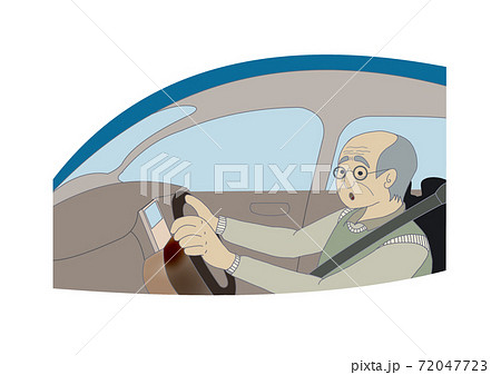 左ハンドルの車で運転する高齢者ドライバーのイラストのイラスト素材