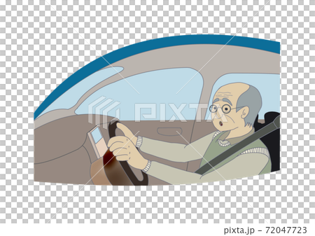左ハンドルの車で運転する高齢者ドライバーのイラストのイラスト素材