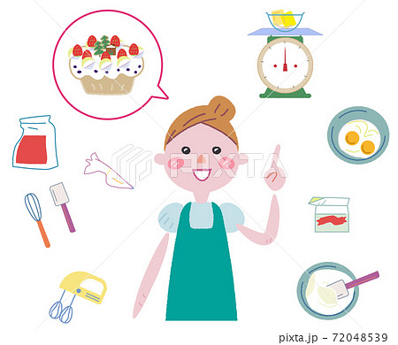 楽しそうにスイーツをつくる女性 セット イラスト 楽しそうにスイーツをつくる女性 セット イラスト 72048539